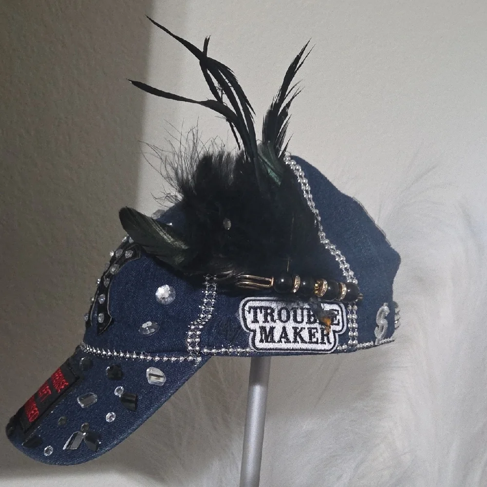 Stylish Blue NYC with Feather and Rhinestones